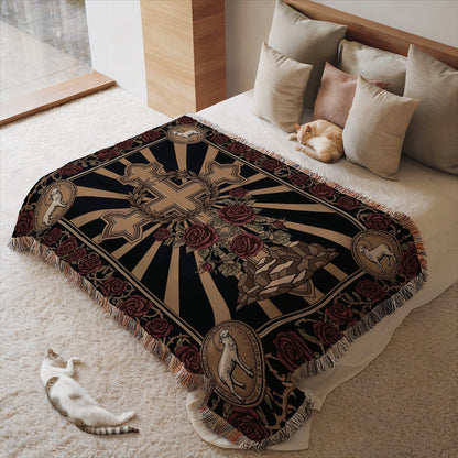 Gothic Cross and Roses Design Blanket with Fringe Ironville