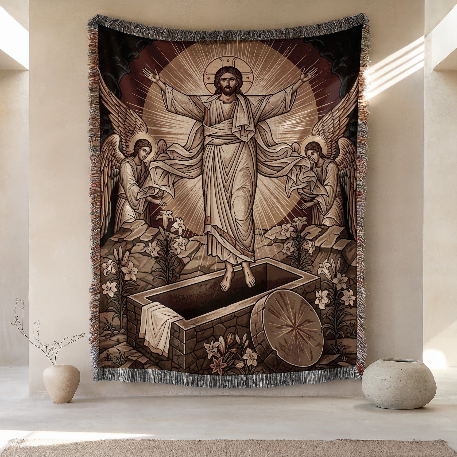 Jesus Resurrection with Angels Woven Wall Tapestry