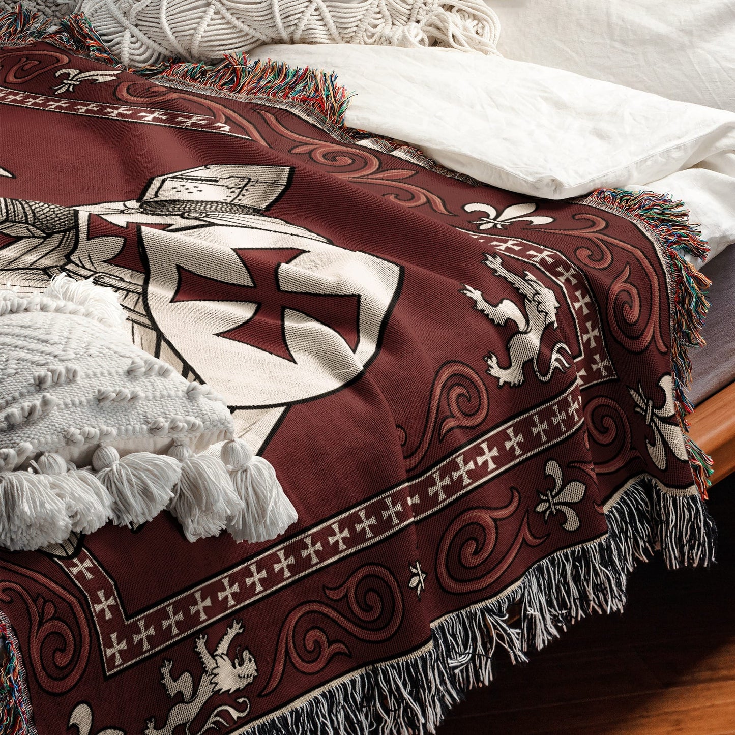 MyDesigns Medieval Knight Tapestry Blanket – Templar Knights Duel Woven Throw, Scrollwork jacquard woven blanket