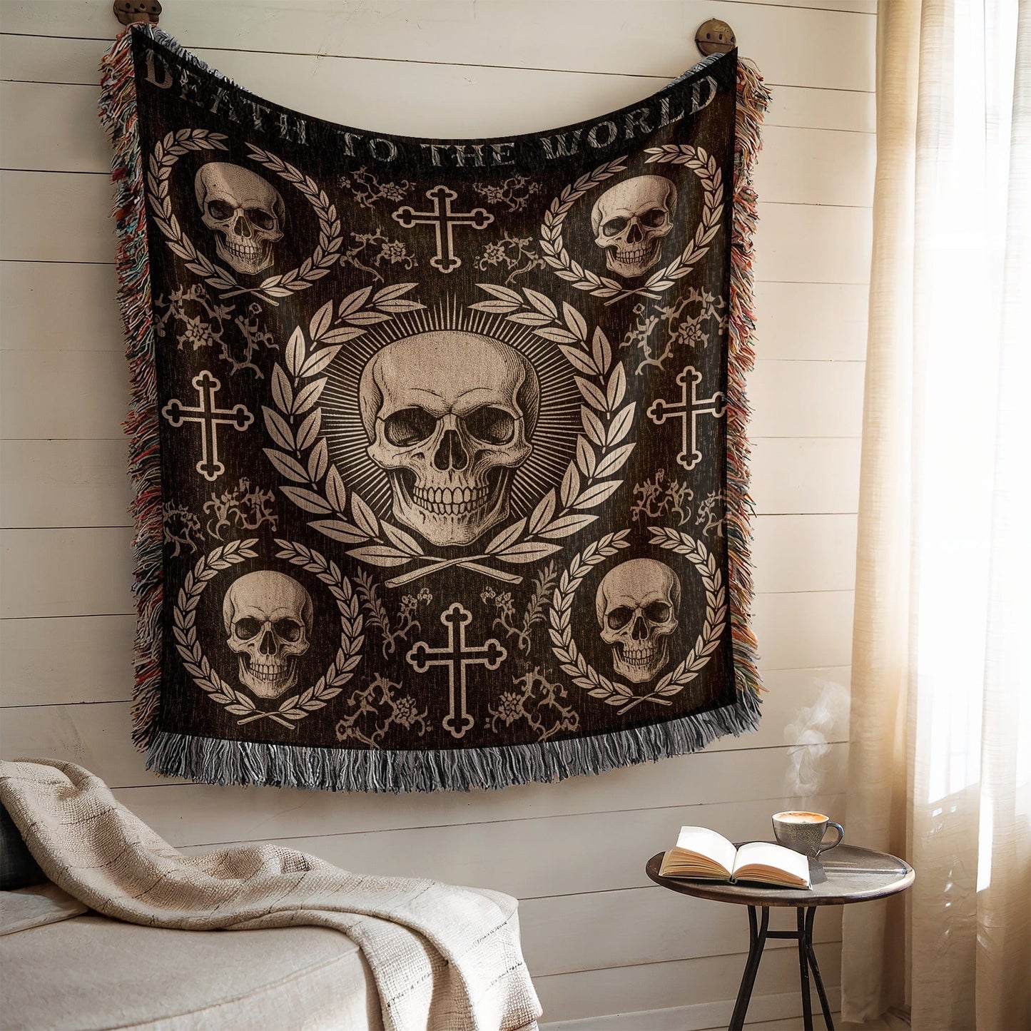 Death to the World Skull Design Tapestry Decor