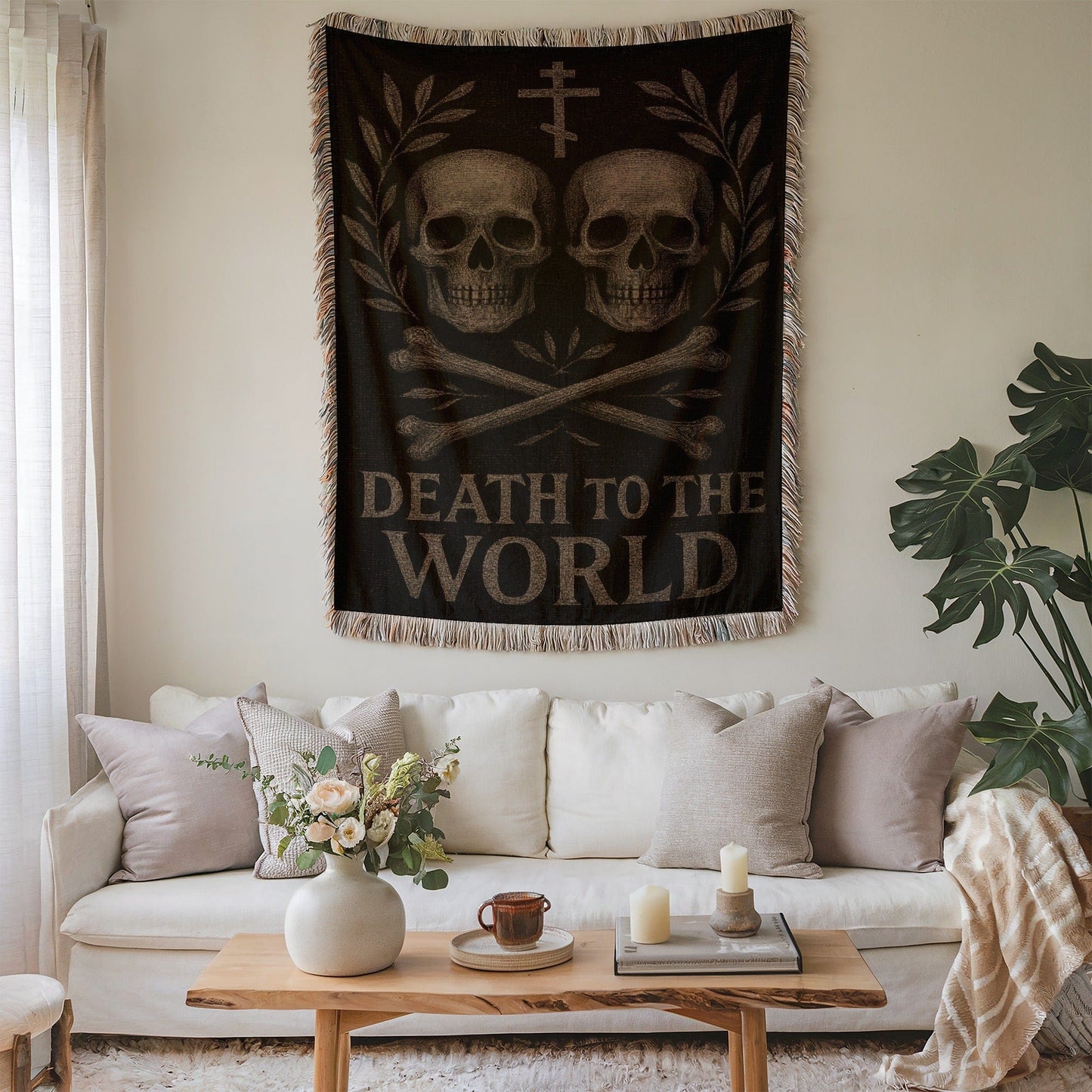 Death To The World Skull and Crossbones Decor