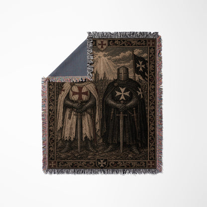 Two Knights Templar figures in armor with swords, depicted on a woven throw blanket.