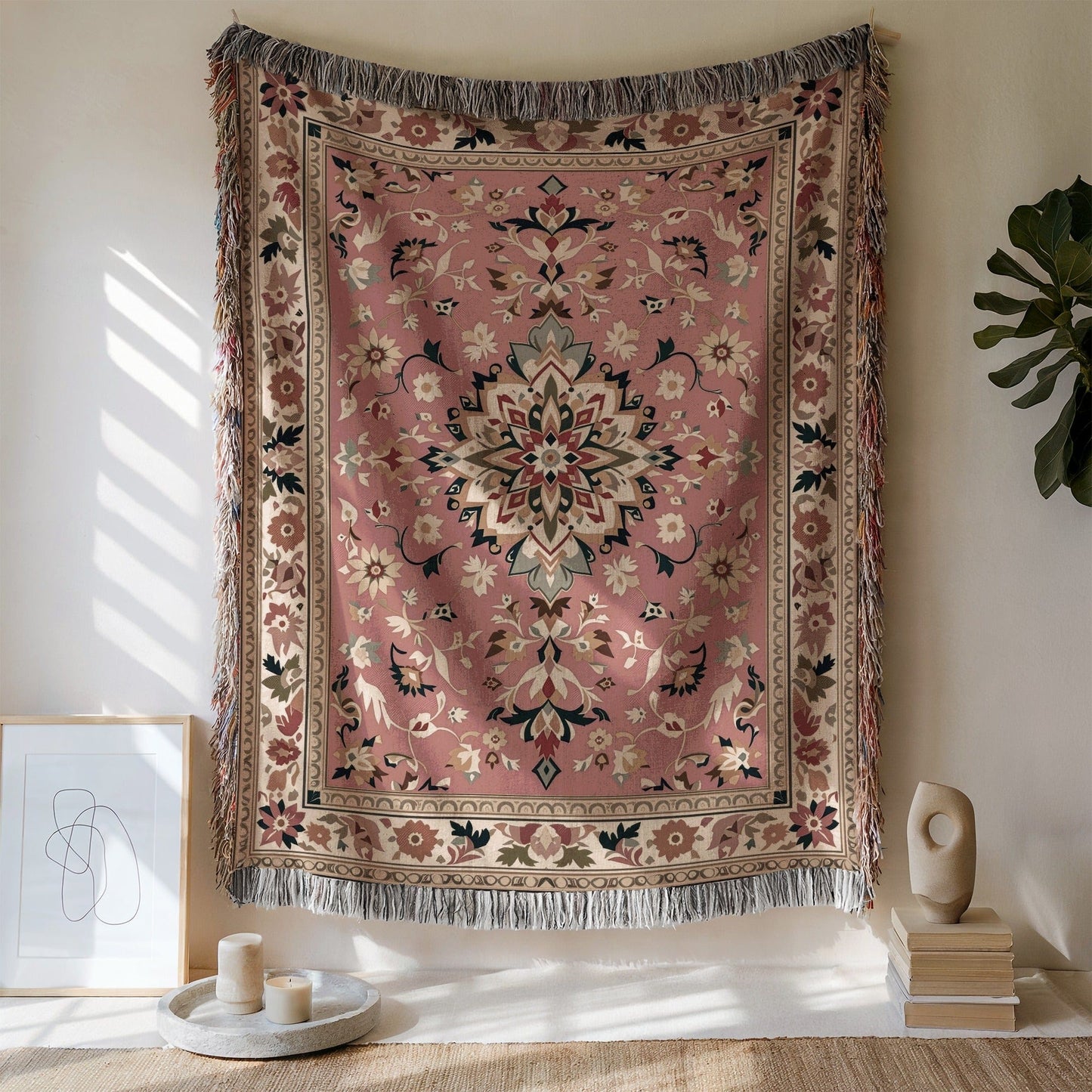 Intricately Designed Pink and Beige Tapestry Product