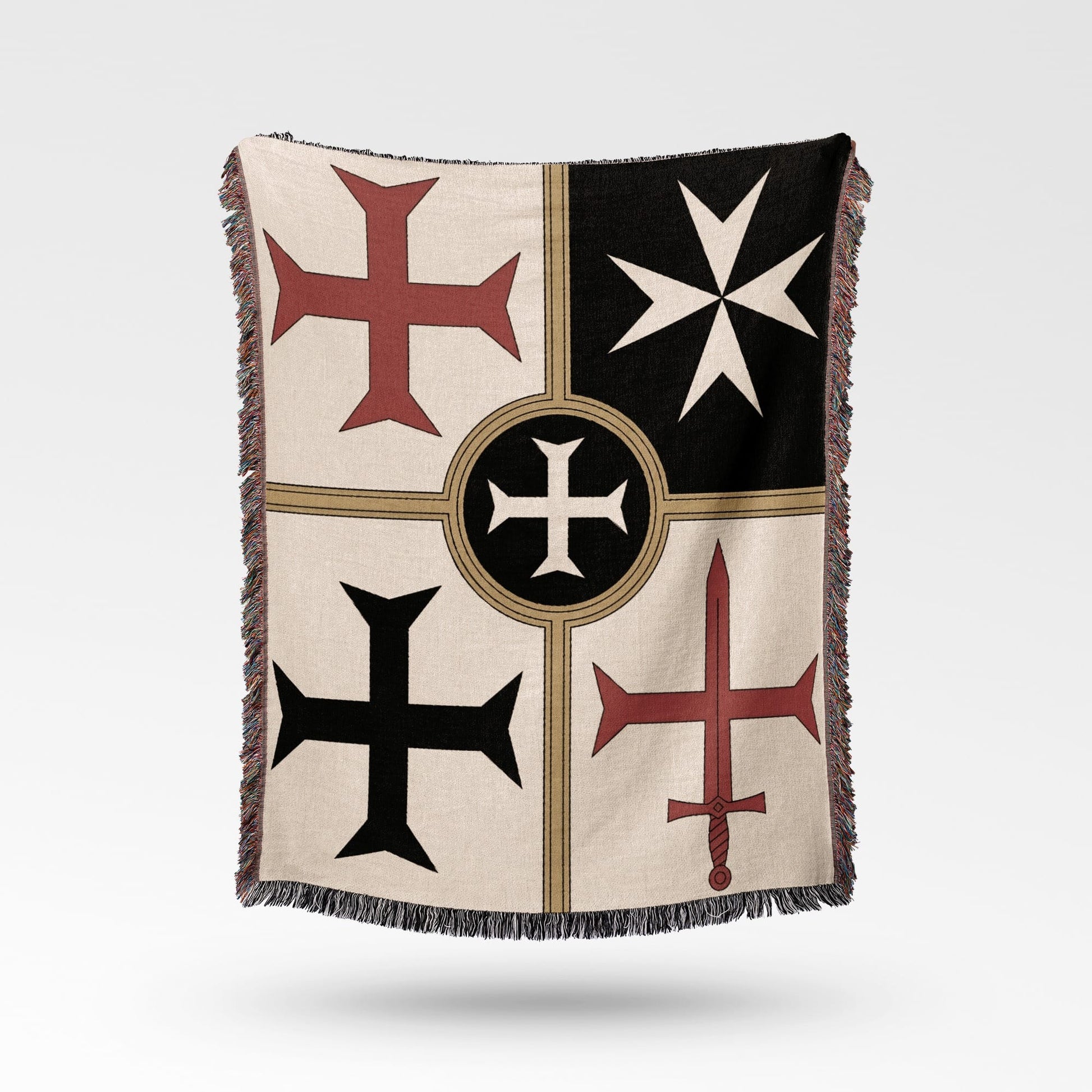 Knights Templar cross pattern blanket with fringe.