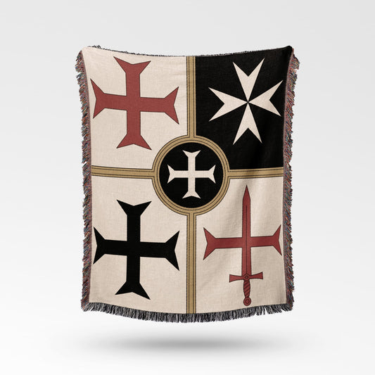 Knights Templar cross pattern blanket with fringe.