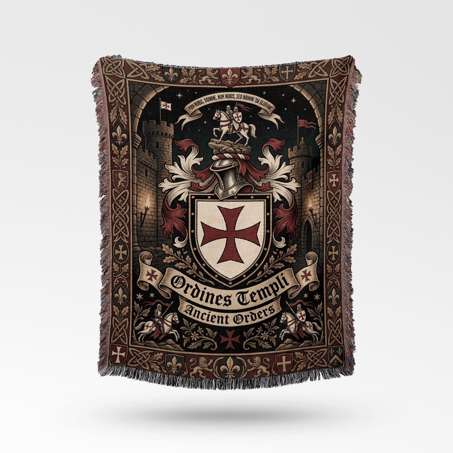 Tapestry with Templar knights, castle, heraldry, and text "Ordines Templi Ancient Orders".