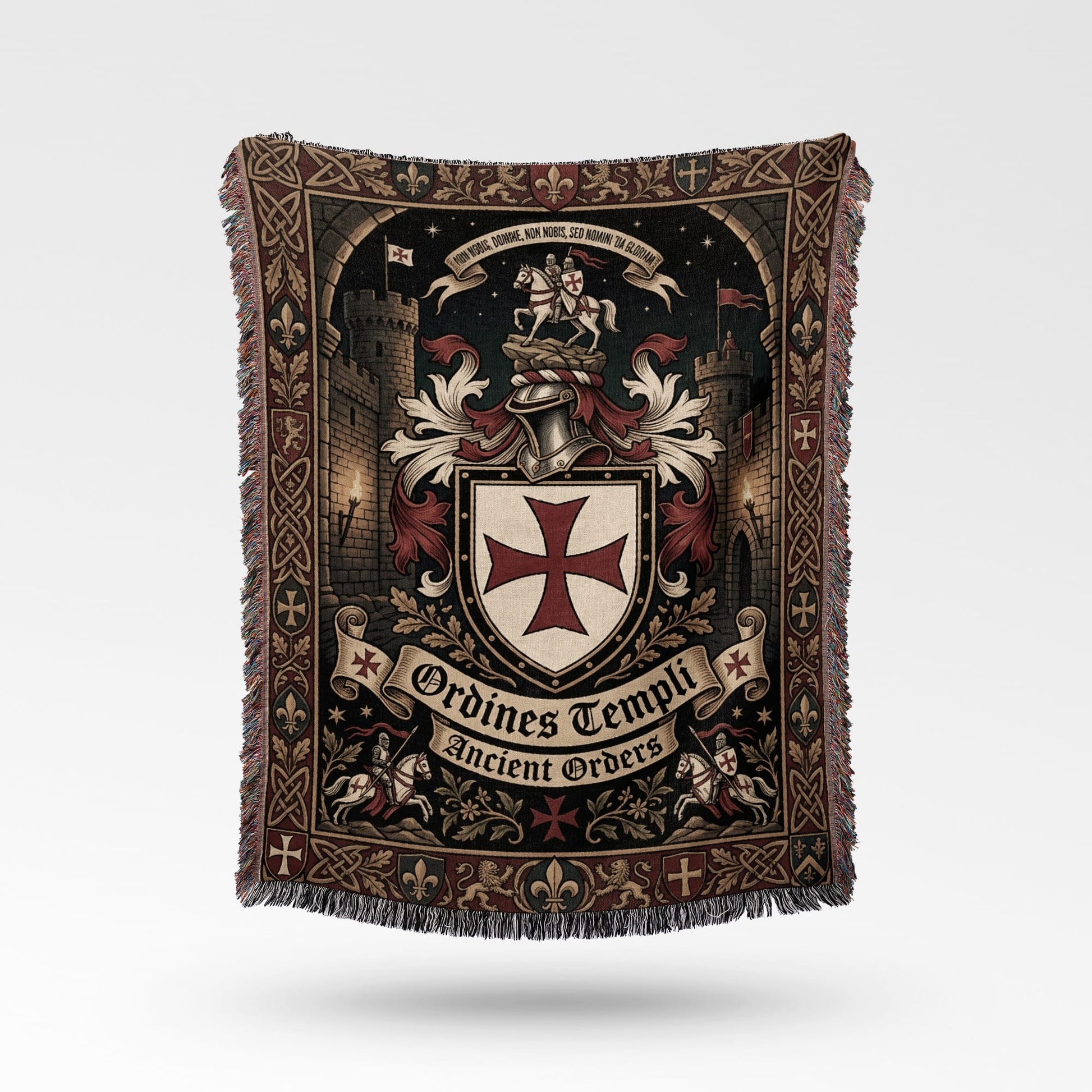 Tapestry with Templar knights, castle, heraldry, and text "Ordines Templi Ancient Orders".