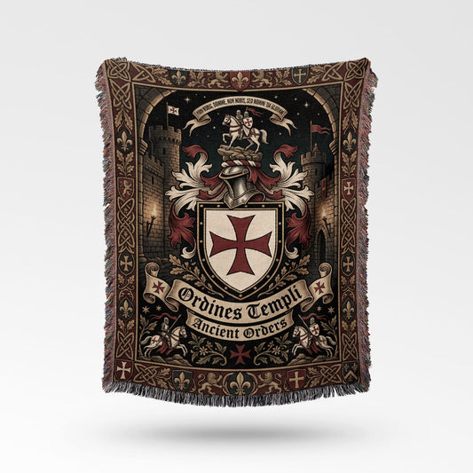 Tapestry with Templar knights, castle, heraldry, and text "Ordines Templi Ancient Orders".