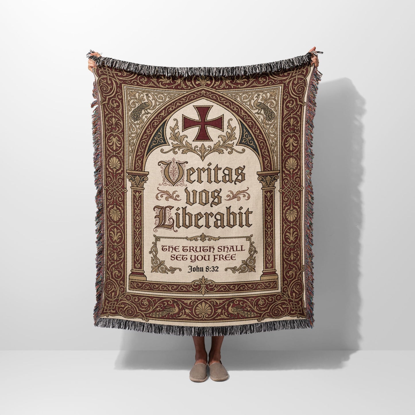 Woven tapestry with ornate cross, Latin text "Veritas vos liberabit", and John 8:32.