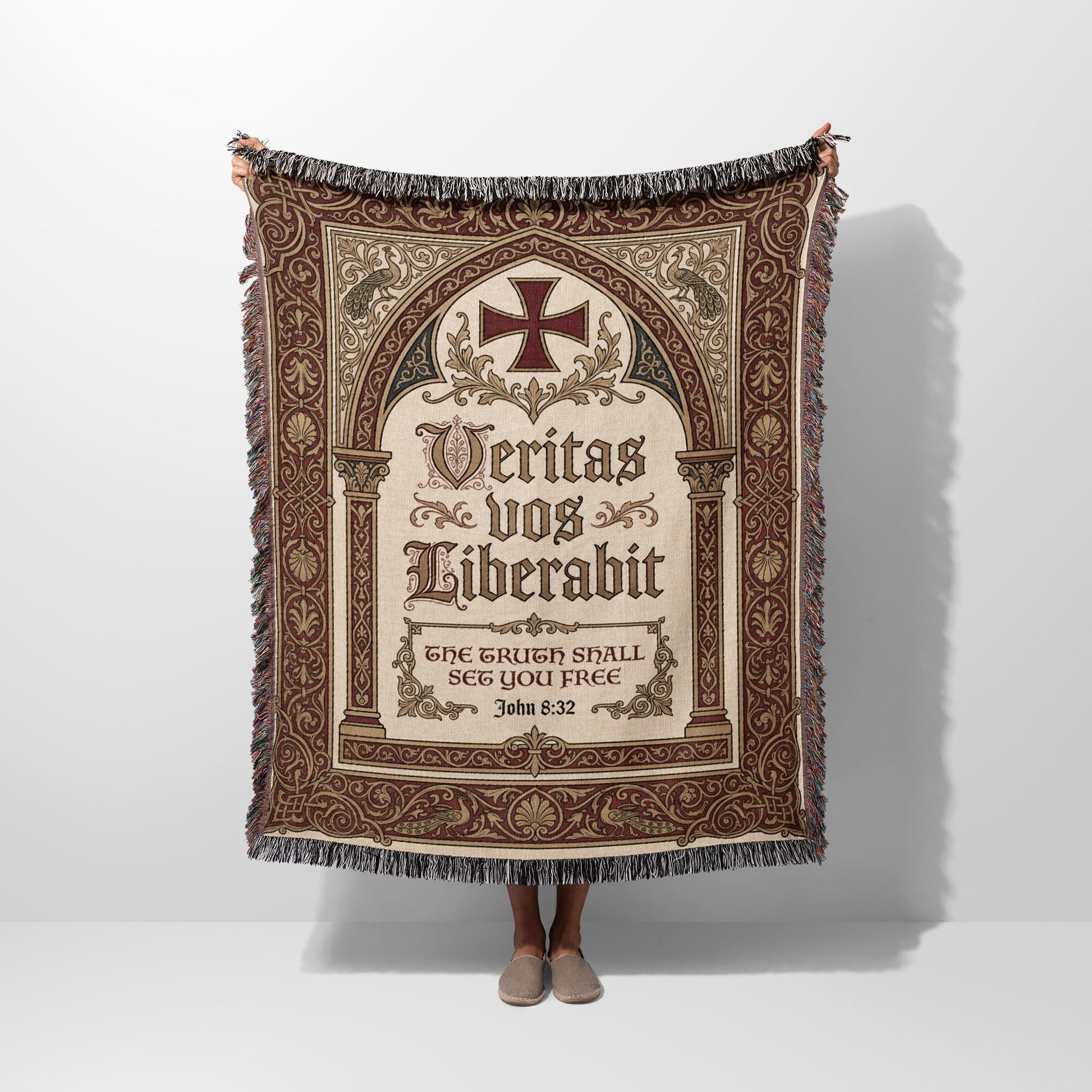 Woven tapestry with ornate cross, Latin text "Veritas vos liberabit", and John 8:32.
