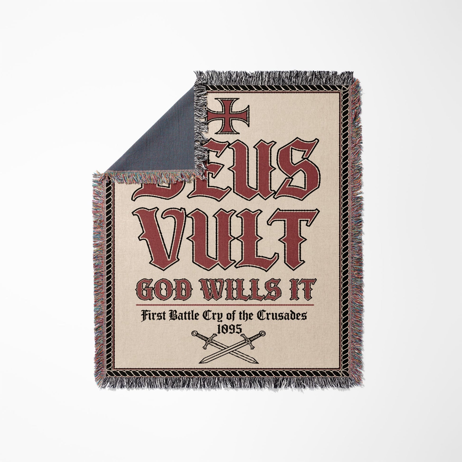Woven throw blanket with "Deus Vult" and crossed swords, 1095.