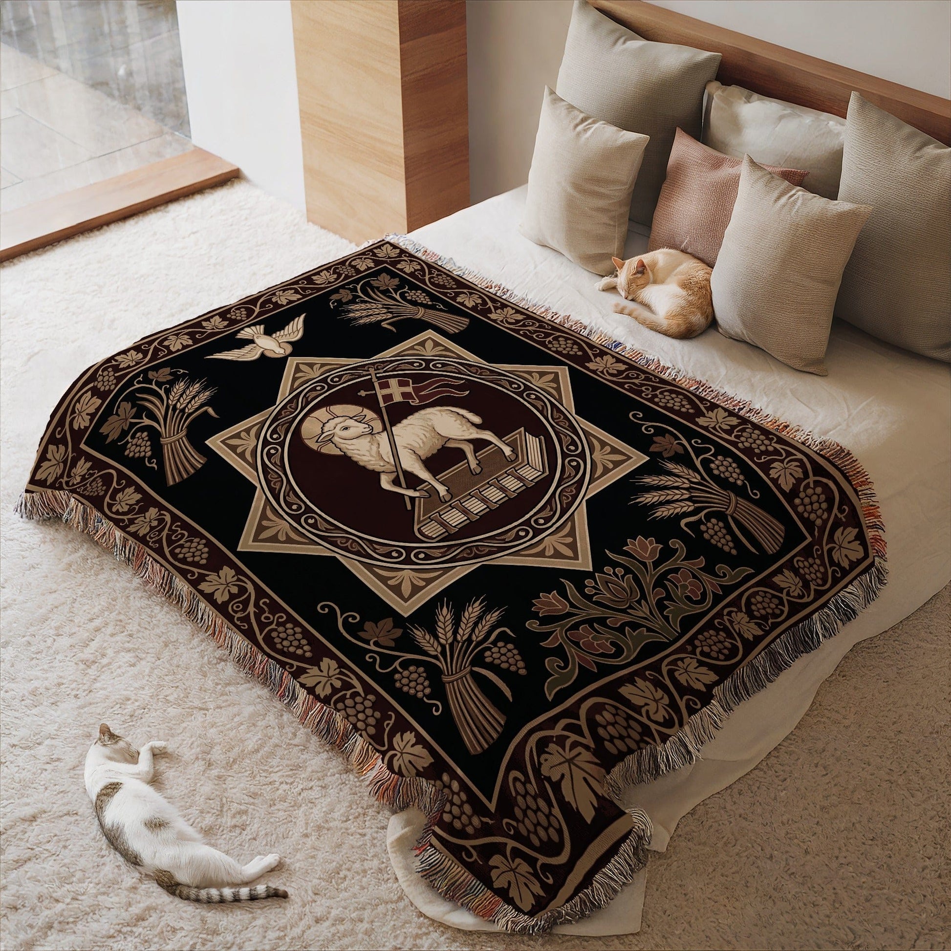 Intricate Detail Lion and Wheat Design Cozy Blanket