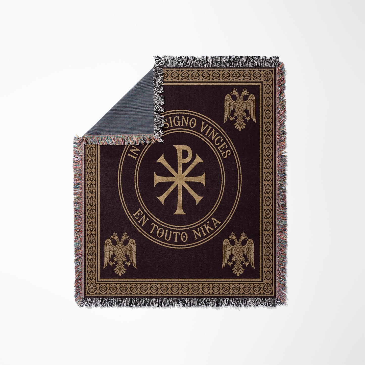 Woven tapestry with Chi Rho symbol, eagles, and Latin text "IN HOC SIGNO VINCES".