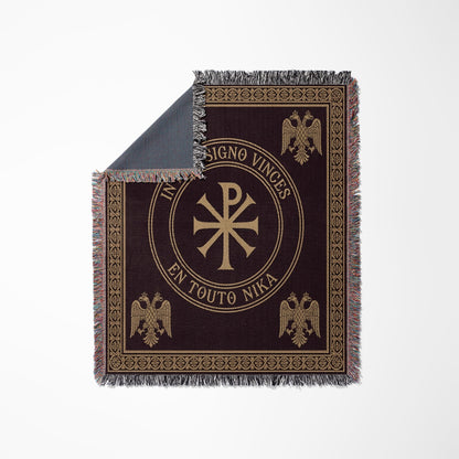Woven tapestry with Chi Rho symbol, eagles, and Latin text "IN HOC SIGNO VINCES".