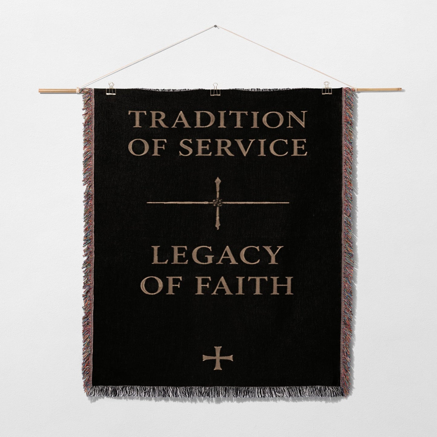 Black woven tapestry with "Tradition of Service" and "Legacy of Faith" text.