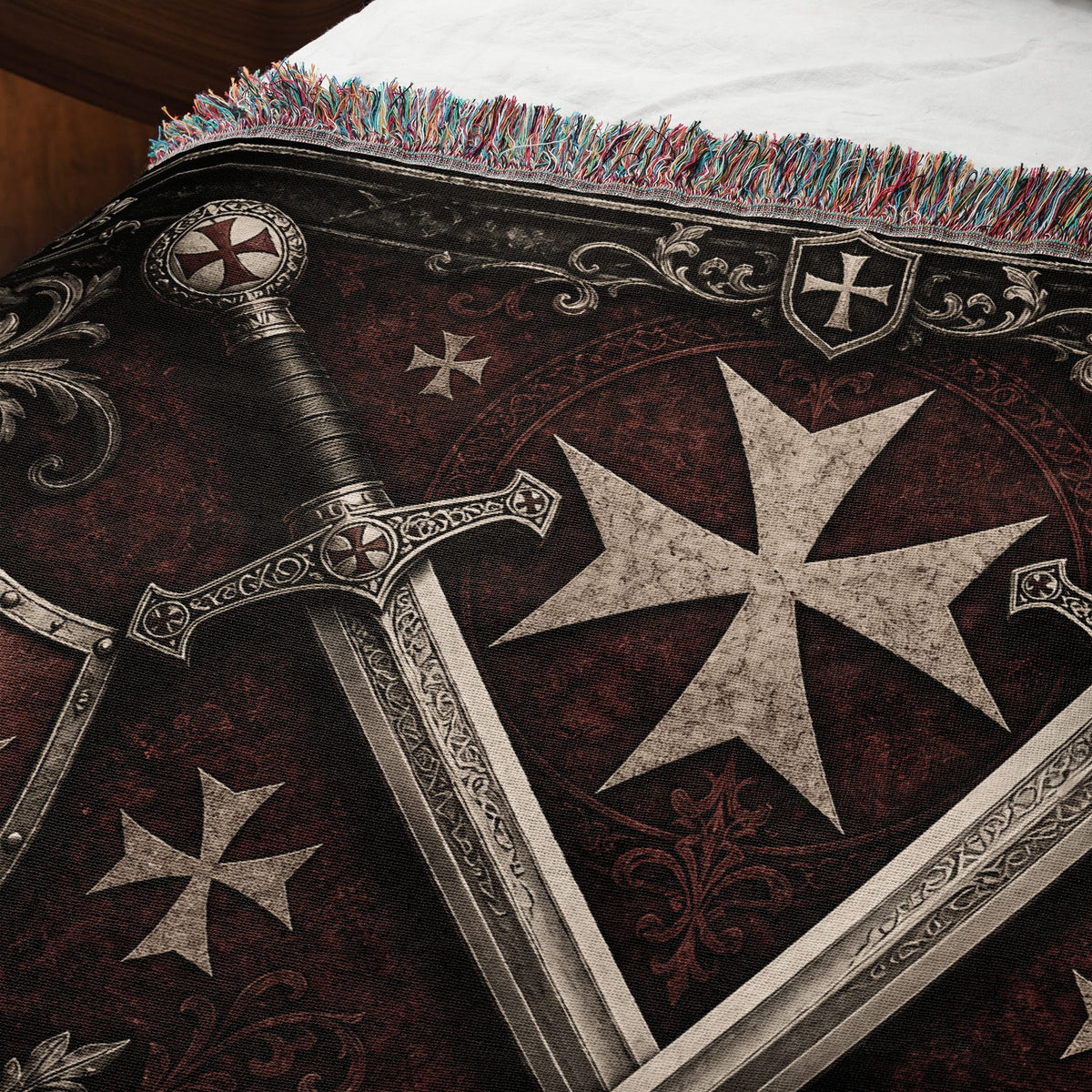 MyDesigns Medieval Wall Hanging – Deus Vult Crossed Swords Woven Blanket, Grey Frame jacquard woven blanket