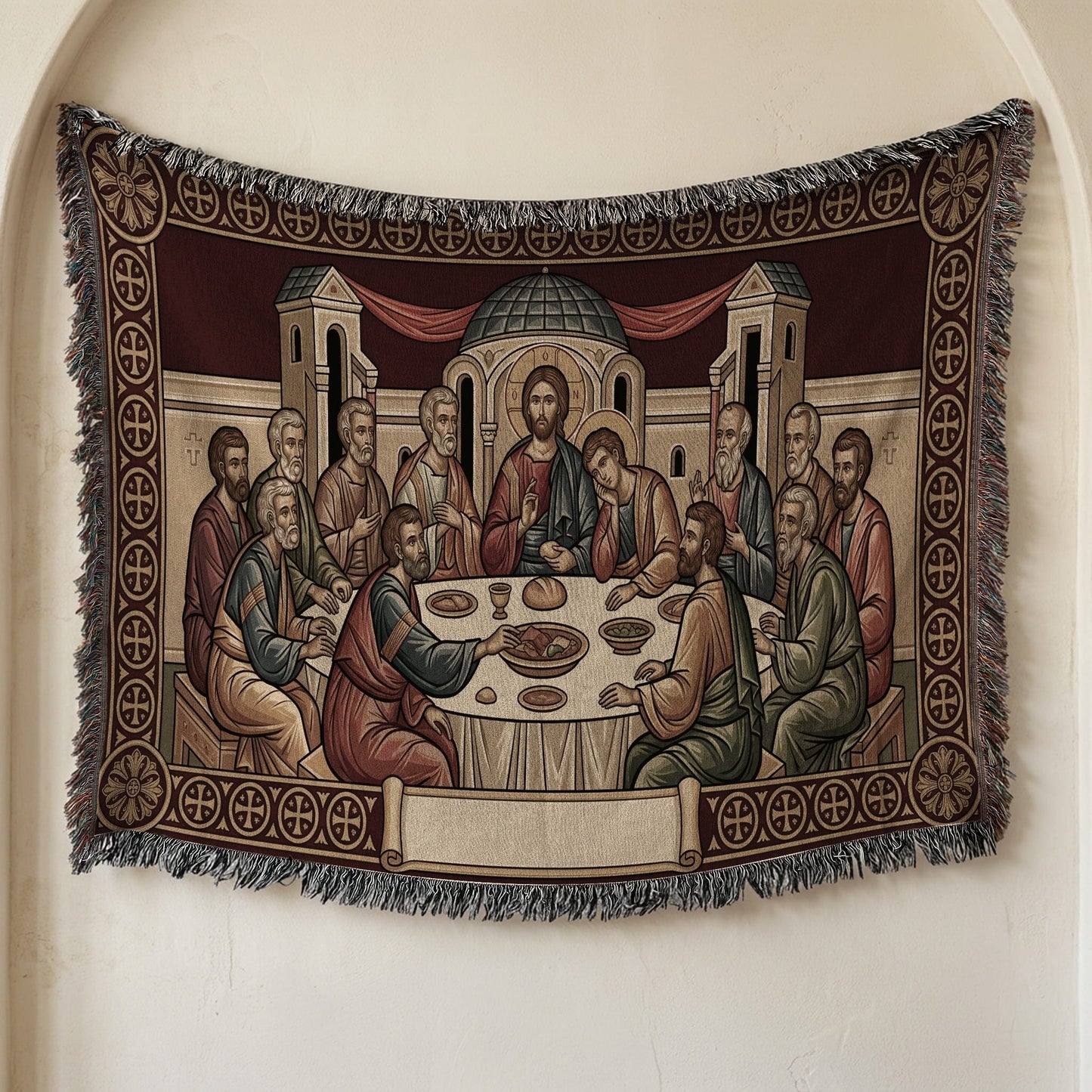 MyDesigns Mystical Supper Horizontal Tapestry - Red Cream Orthodox Icon jacquard woven blanket