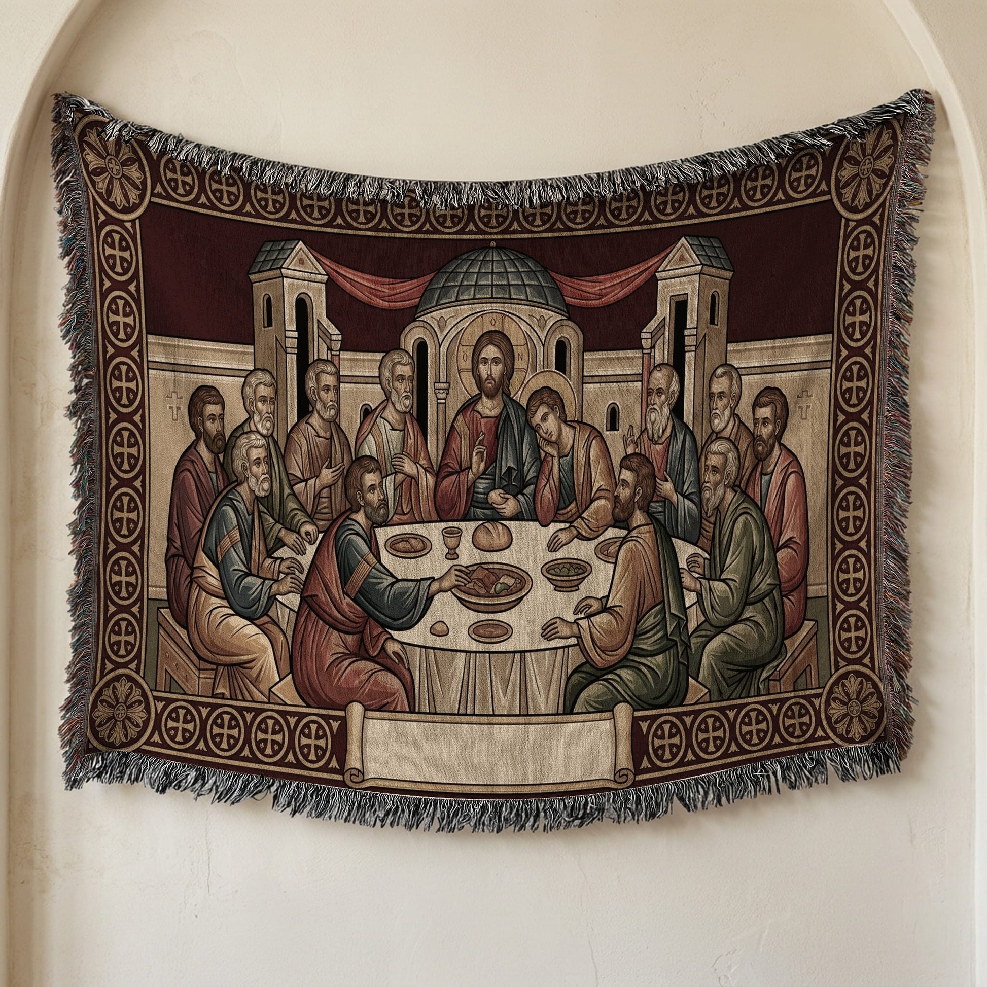 MyDesigns Mystical Supper Horizontal Tapestry - Red Cream Orthodox Icon jacquard woven blanket