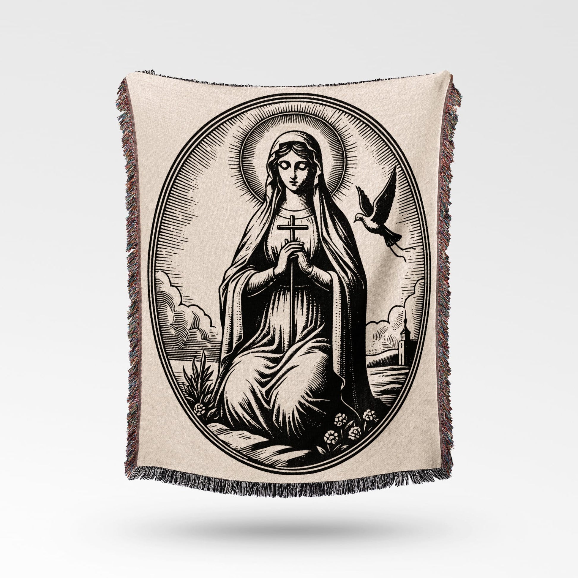 Religious tapestry with Virgin Mary and dove in oval frame.