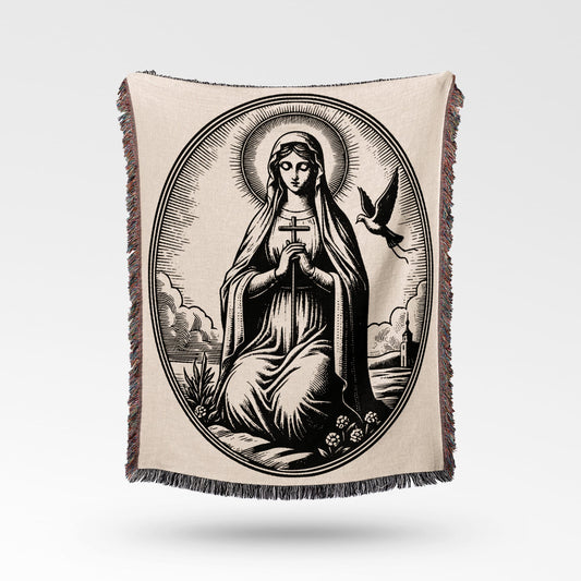 Religious tapestry with Virgin Mary and dove in oval frame.