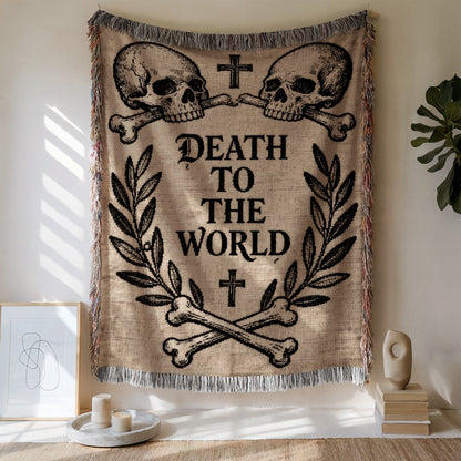 DEATH TO THE WORLD Skull and Crossbones wall tapestry