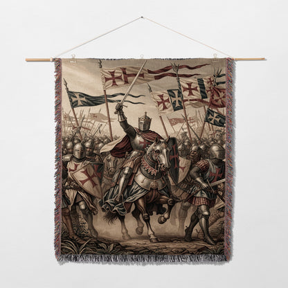 Knights in armor on horseback and foot charge forward under banner-adorned flags.