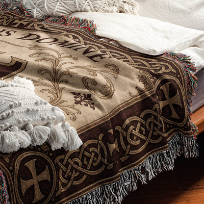 MyDesigns Medieval Tapestry Woven Throw – Non Nobis Domine Sed Nomini Tuo Blanket, Ivory Parchment jacquard woven blanket