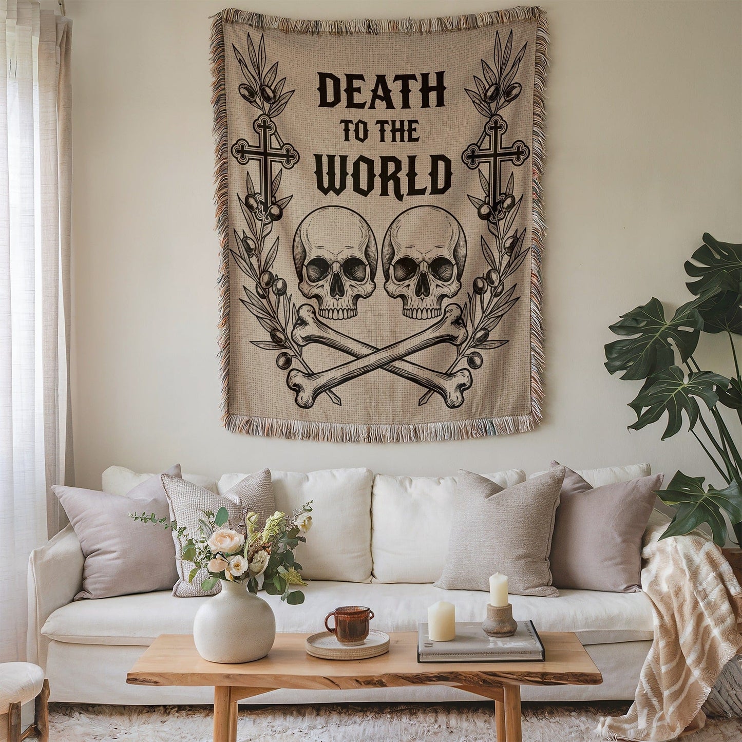 Death to the World Skull and Crossbones Tapestry