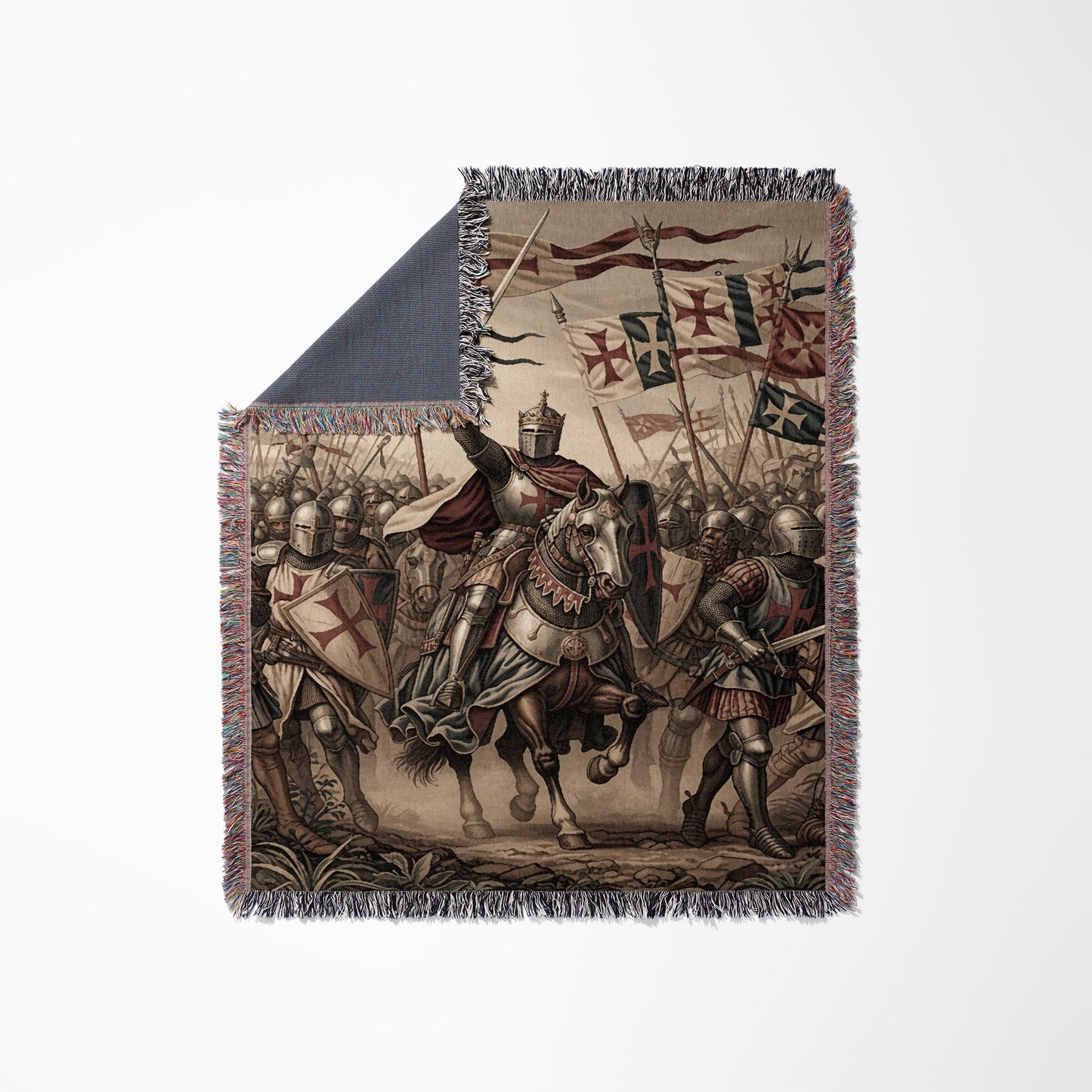 Knights Templar on horseback with flags in a battle scene.