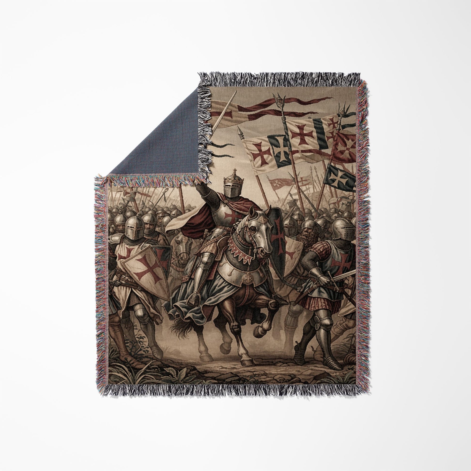 Knights Templar on horseback with flags in a battle scene.