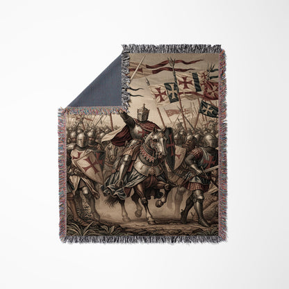 Knights Templar on horseback with flags in a battle scene.