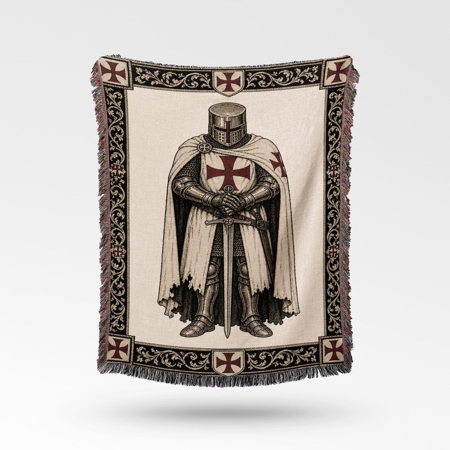 Tapestry with knight in armor, sword, and Templar crosses.