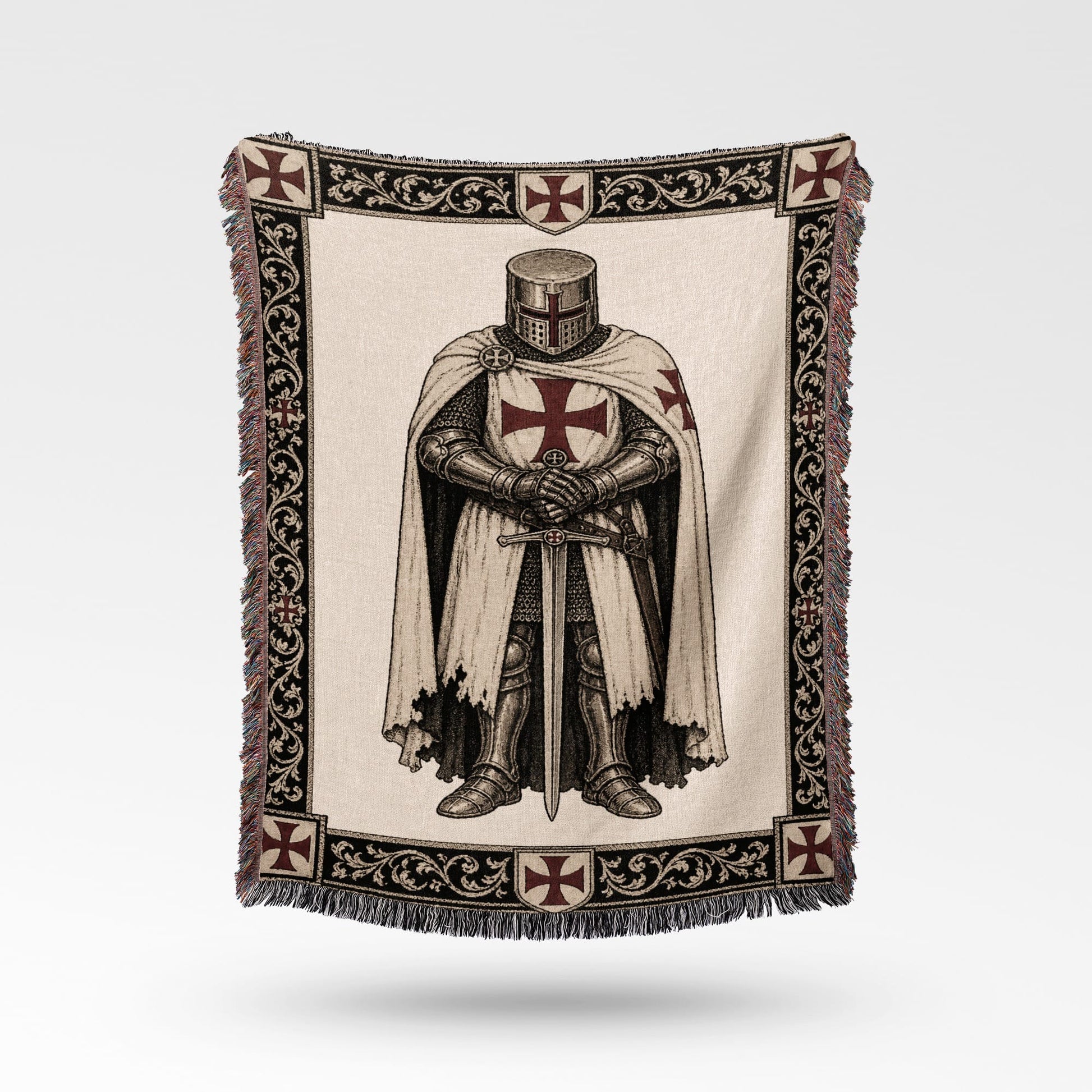 Tapestry with knight in armor, sword, and Templar crosses.
