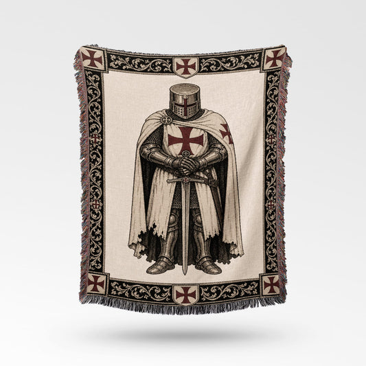 Tapestry with knight in armor, sword, and Templar crosses.