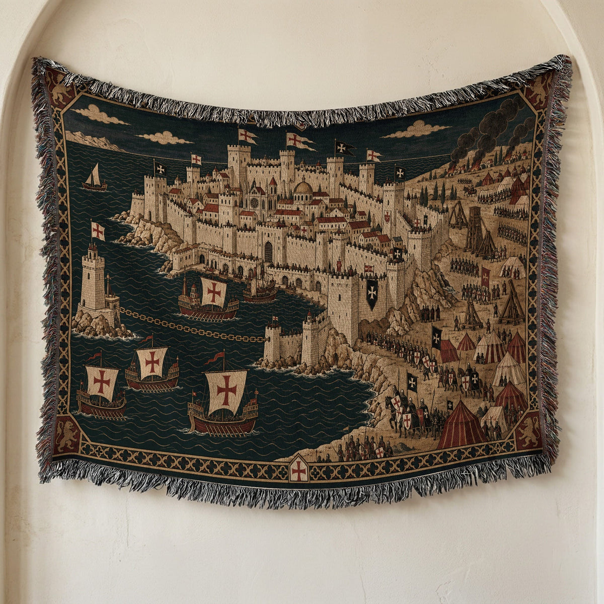 CalmNestStyle Crusader Harbor Siege I Smoke over the City jacquard woven blanket