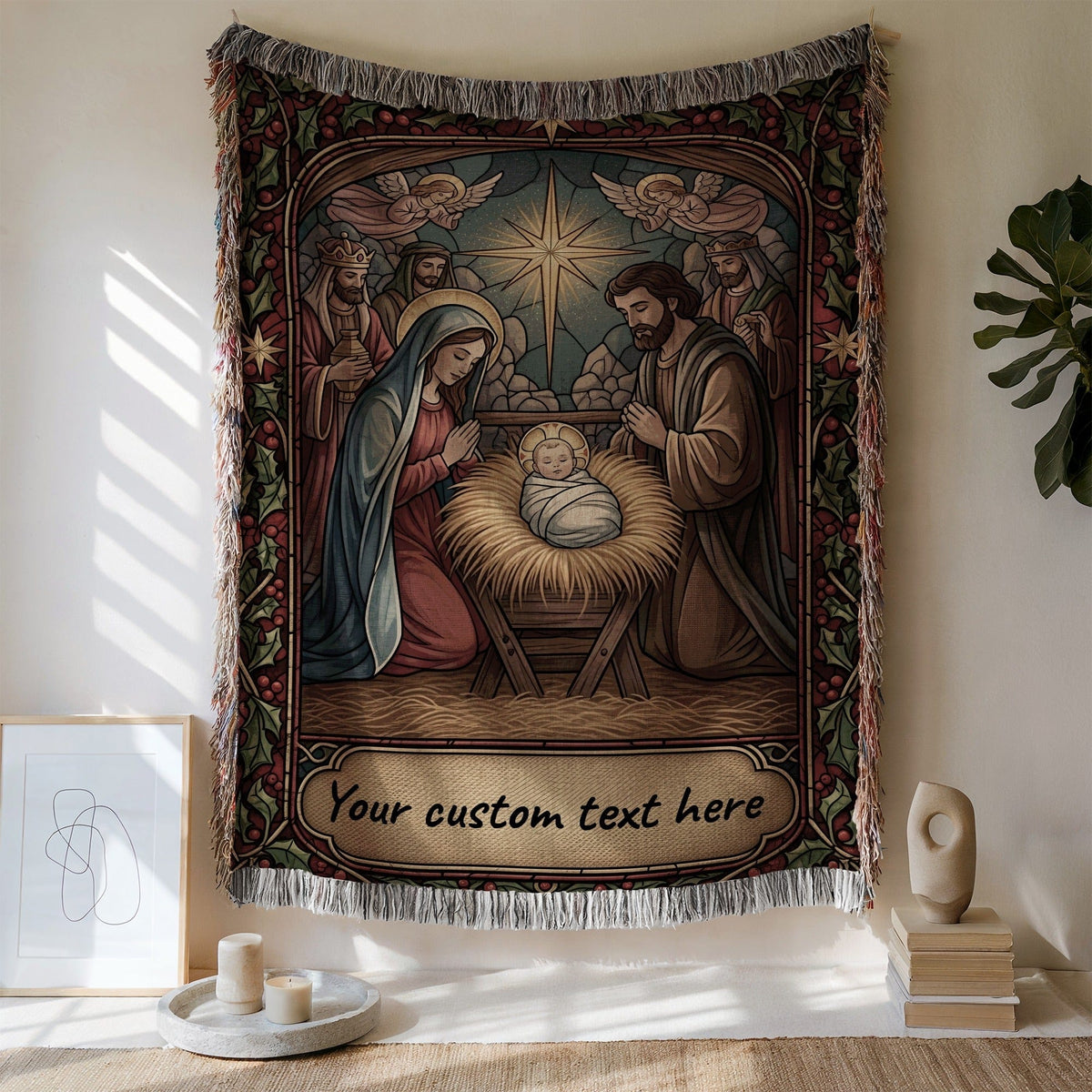 CalmNestStyle Nativity Scene with Angels Stained Glass Look custom woven blanket jacquard woven blanket