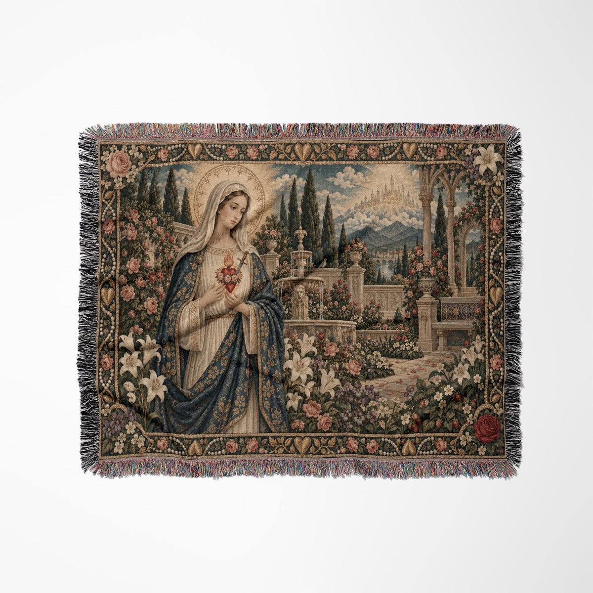 Woven tapestry blanket depicting the Virgin Mary in a garden with flowers and a fountain.