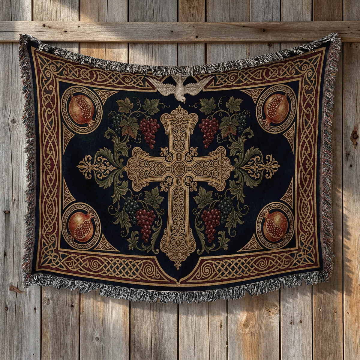 CalmNestStyle Cross with Vine and Celtic Knots jacquard woven blanket