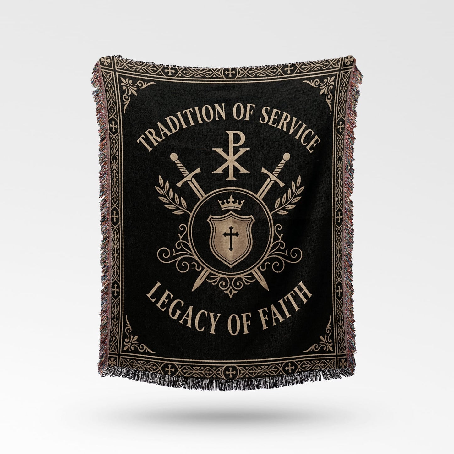 Black blanket with "Tradition of Service Legacy of Faith" and crossed swords.