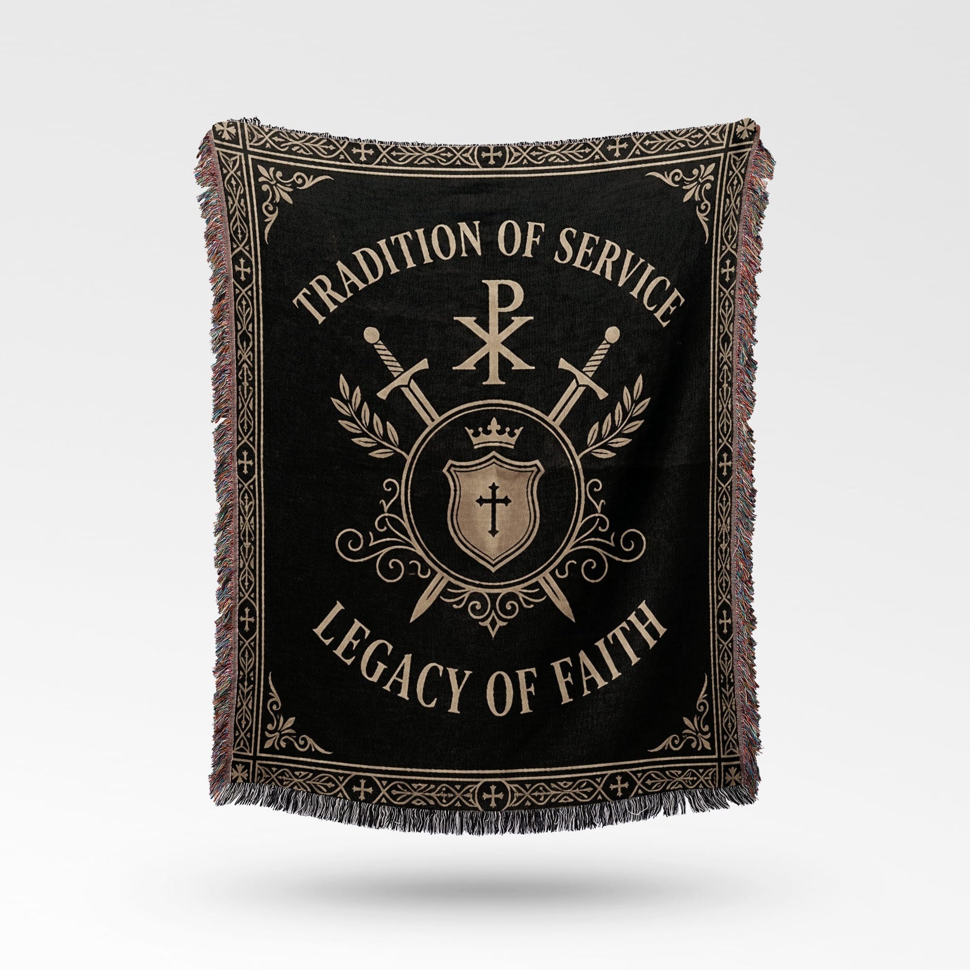 Black blanket with "Tradition of Service Legacy of Faith" and crossed swords.