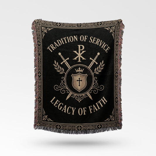 Black blanket with "Tradition of Service Legacy of Faith" and crossed swords.