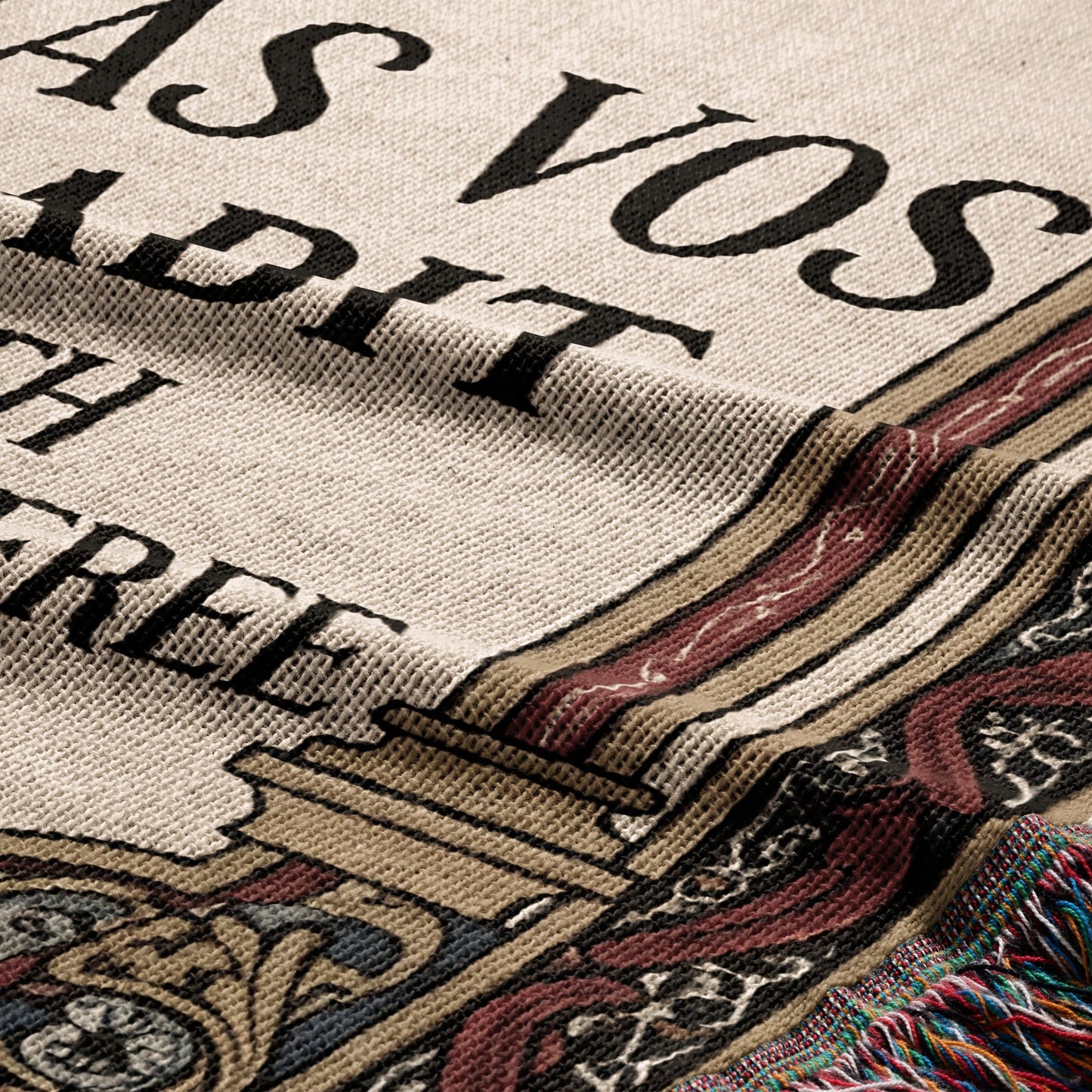 Tapestry with "AS VOS DITS THREF" and ornate borders, fringed edge.