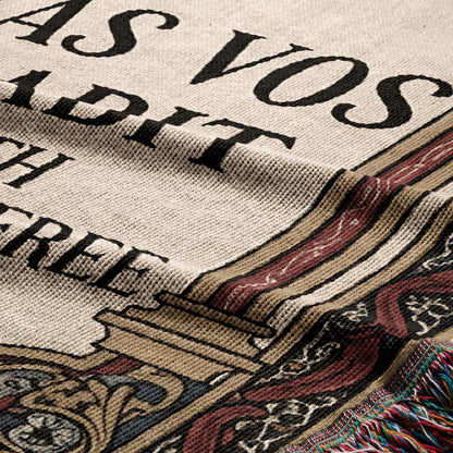 Tapestry with "AS VOS DITS THREF" and ornate borders, fringed edge.