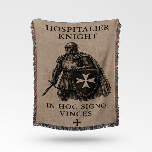 Tapestry with Hospitalier Knight, sword, shield, and Latin text.