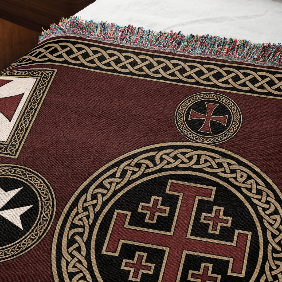 MyDesigns Medieval Tapestry Woven Throw – Burgundy Jerusalem Cross Medallion Blanket jacquard woven blanket