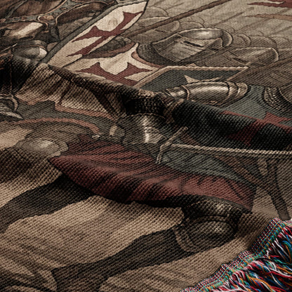 Knights in armor woven into a tapestry, with fringed edge.
