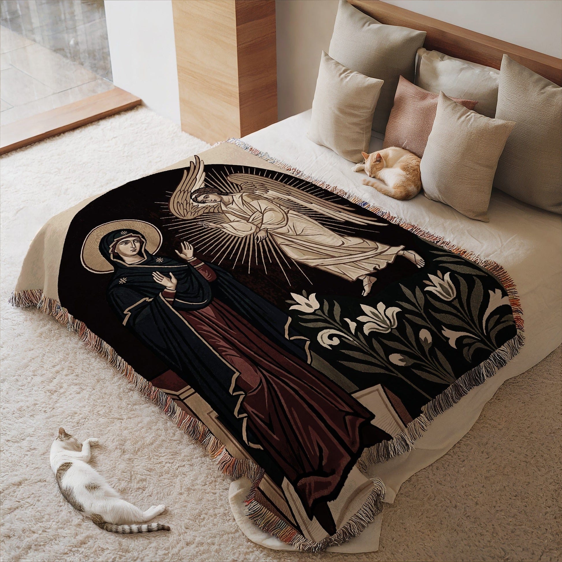 Religious Art Style Bed Blanket with Elegant Design