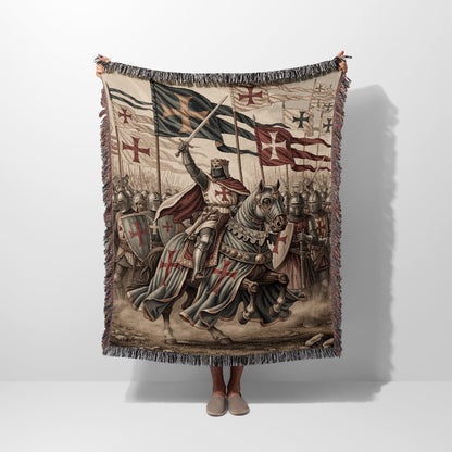Knights in battle on horseback with flags and banners.