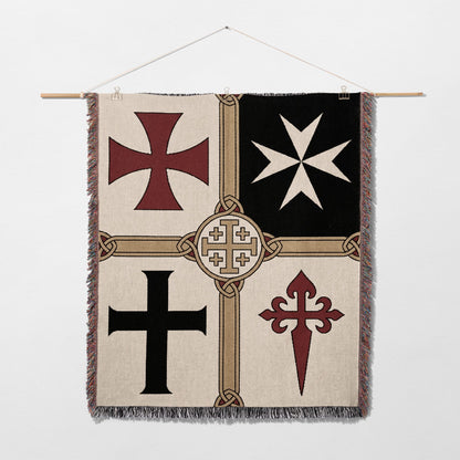 Tapestry with four heraldic crosses: red Maltese, white Maltese, black templar, and red Santiago cross.