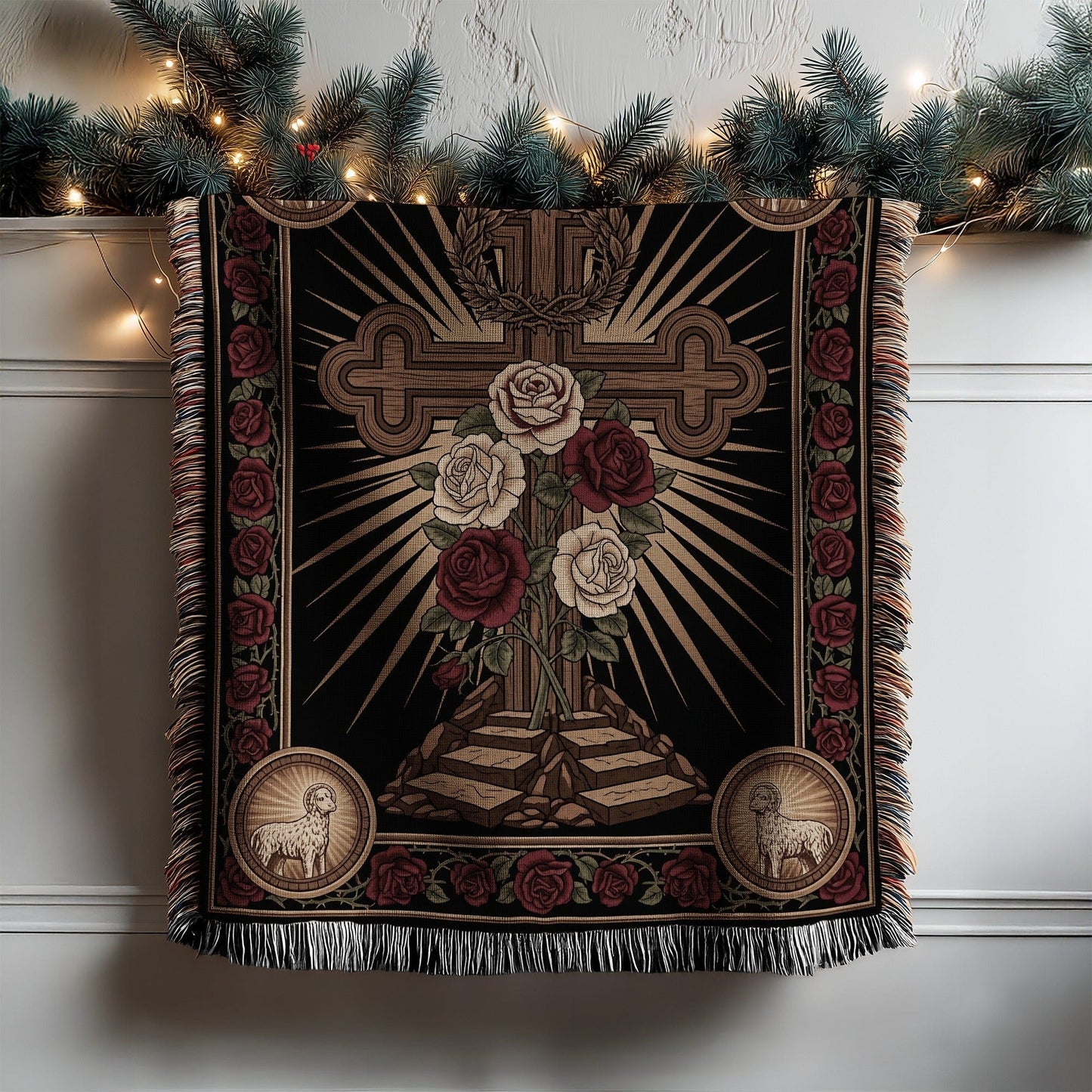 Religious Tapestry with Roses and Cross Design Blanket